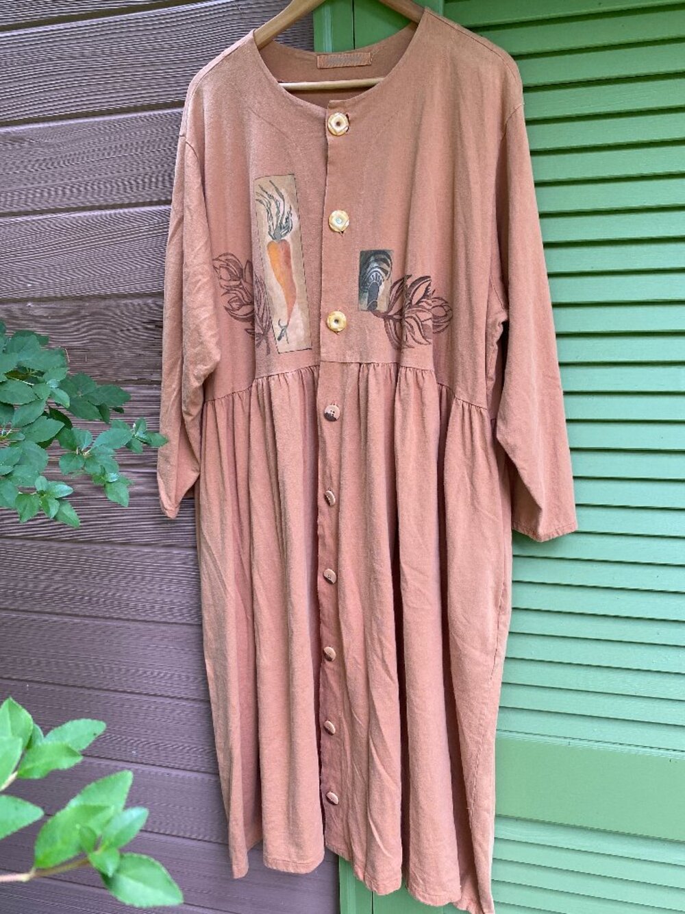 Vintage 1990s Bluefish Carrot & Mushrooms Handpainted Dress w/Pockets -Size Plus - Picture 2 of 8